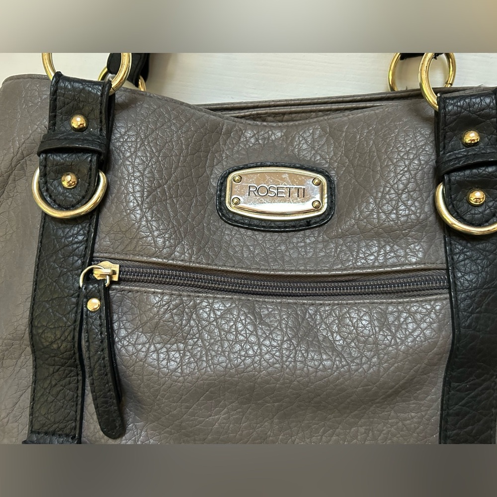 Rossetti -gray w black trim shoulder bag, roomy, lots of compartments. Gold trim